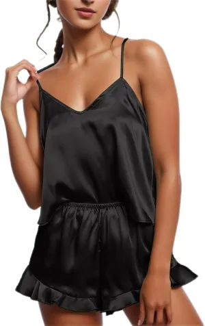 Women Pajama Set,Camisole Sleepwear Silk Satin V Neck Pajamas and Shorts Pjs 2 Piece Womens Sexy Silky Lounge