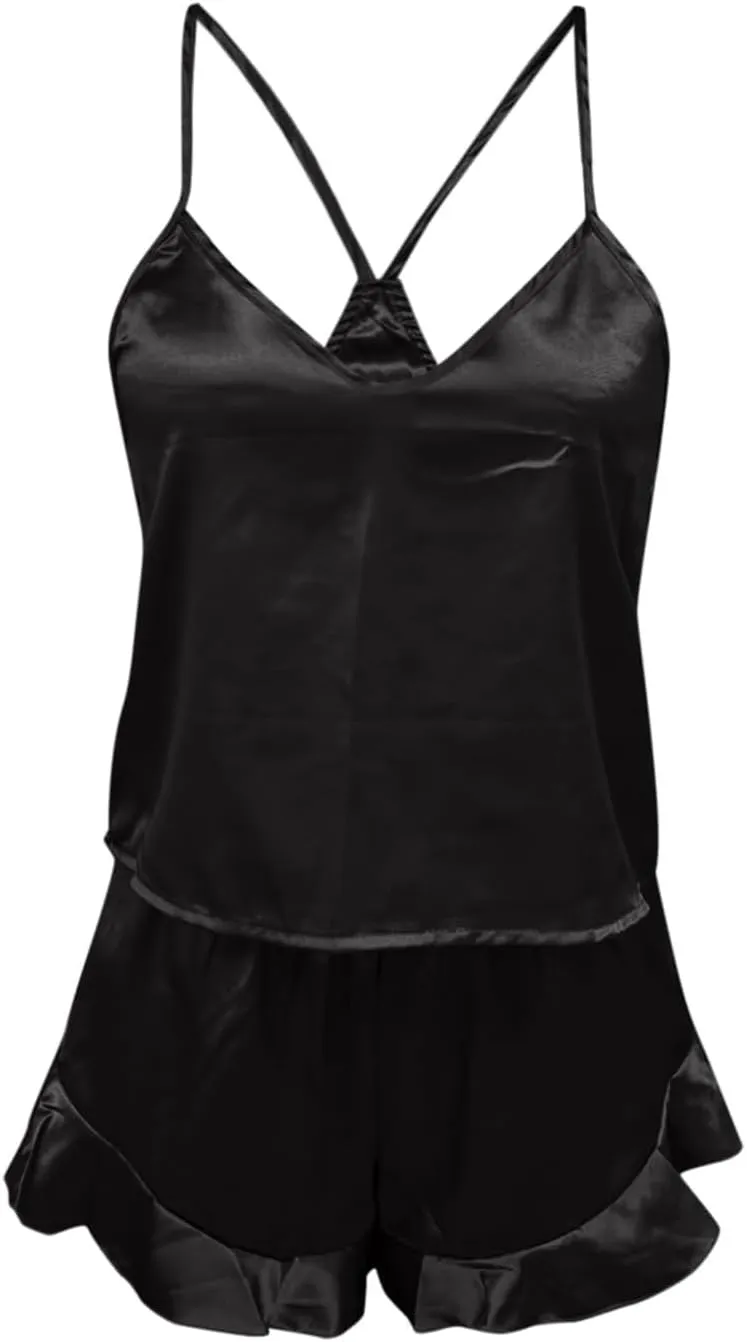 Women Pajama Set,Camisole Sleepwear Silk Satin V Neck Pajamas and Shorts Pjs 2 Piece Womens Sexy Silky Lounge
