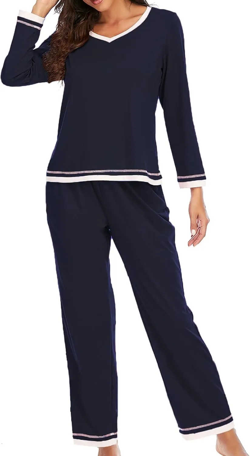 Women Pajamas Set Lounge Long Sleeve Round Neck Sleepwear Tops Comfy Long Pants Soft Sleepwear Nightwear