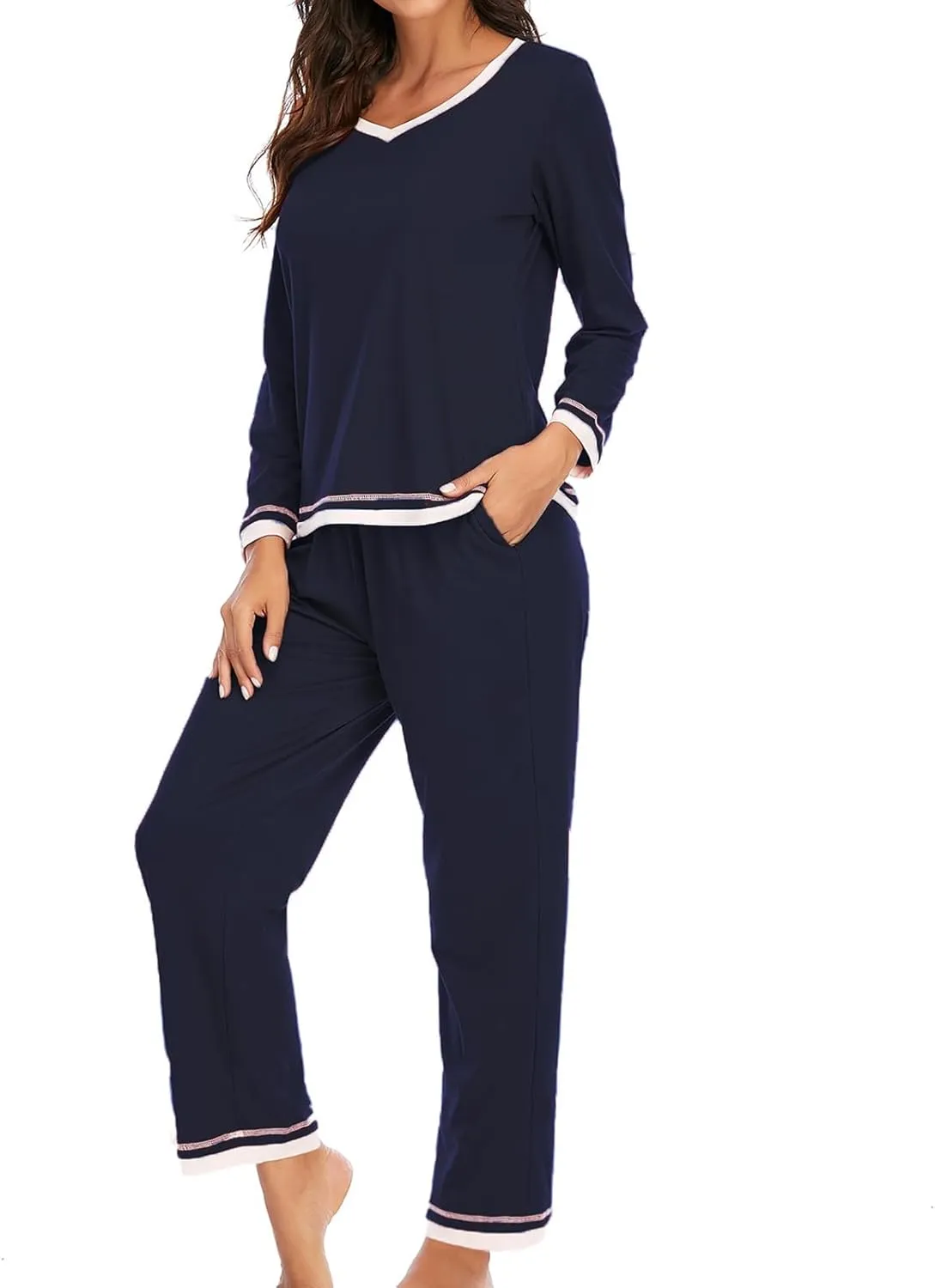 Women Pajamas Set Lounge Long Sleeve Round Neck Sleepwear Tops Comfy Long Pants Soft Sleepwear Nightwear