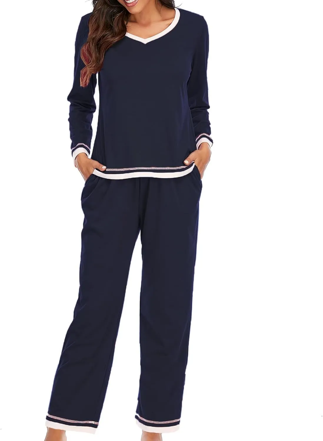 Women Pajamas Set Lounge Long Sleeve Round Neck Sleepwear Tops Comfy Long Pants Soft Sleepwear Nightwear