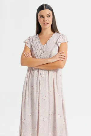 Women Pink Floral Print Cap Sleeves Nightgown