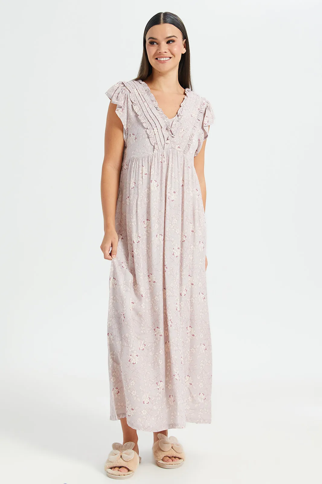 Women Pink Floral Print Cap Sleeves Nightgown