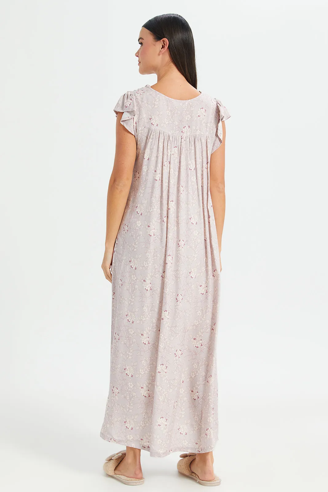 Women Pink Floral Print Cap Sleeves Nightgown
