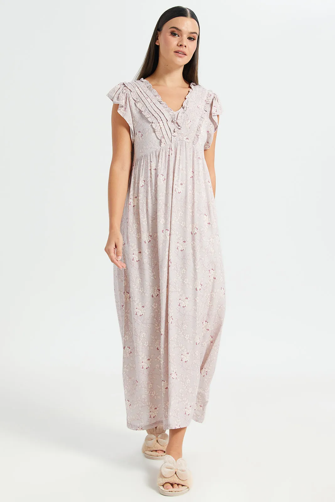 Women Pink Floral Print Cap Sleeves Nightgown