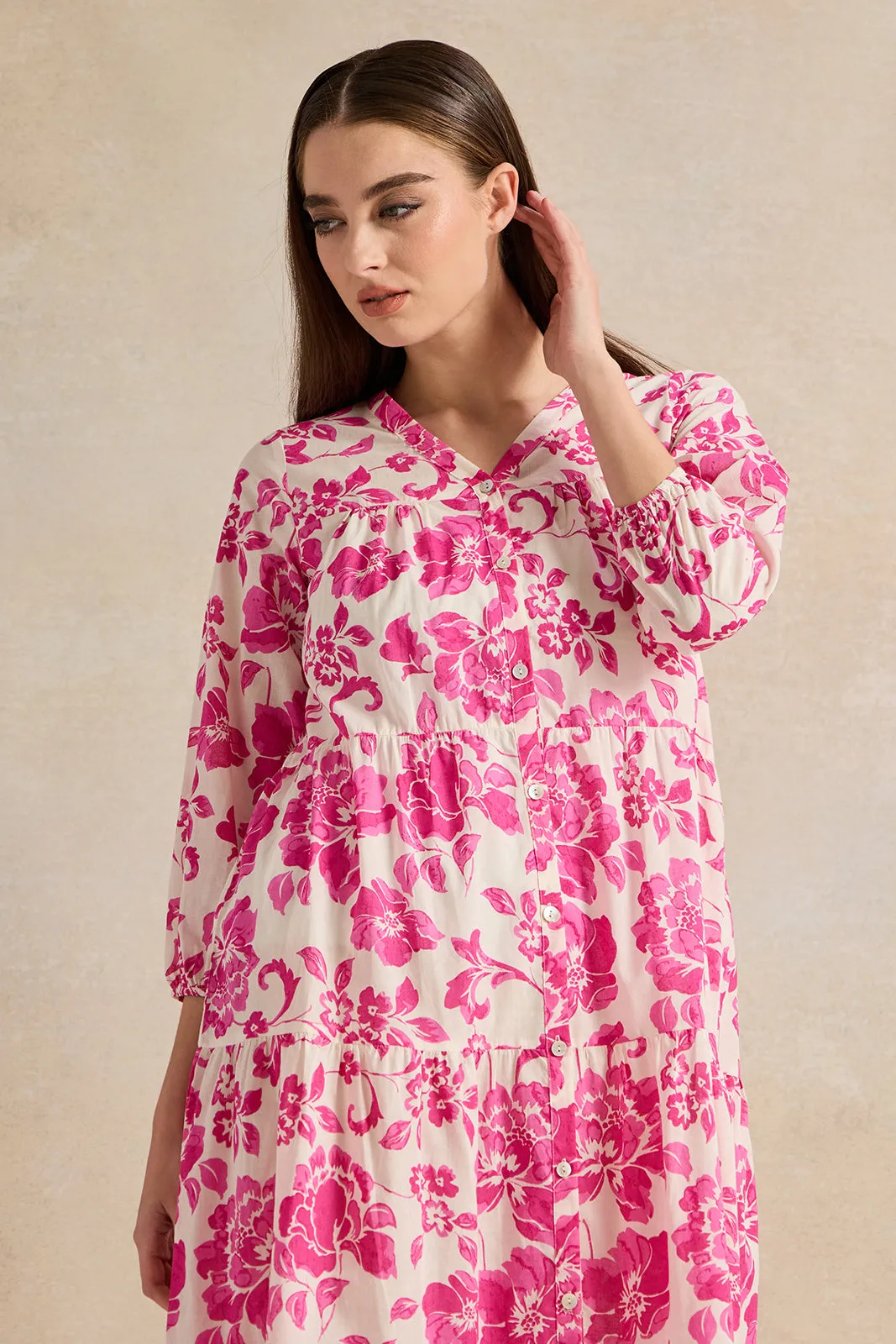 Women Pink Printed Tiered Nightgown