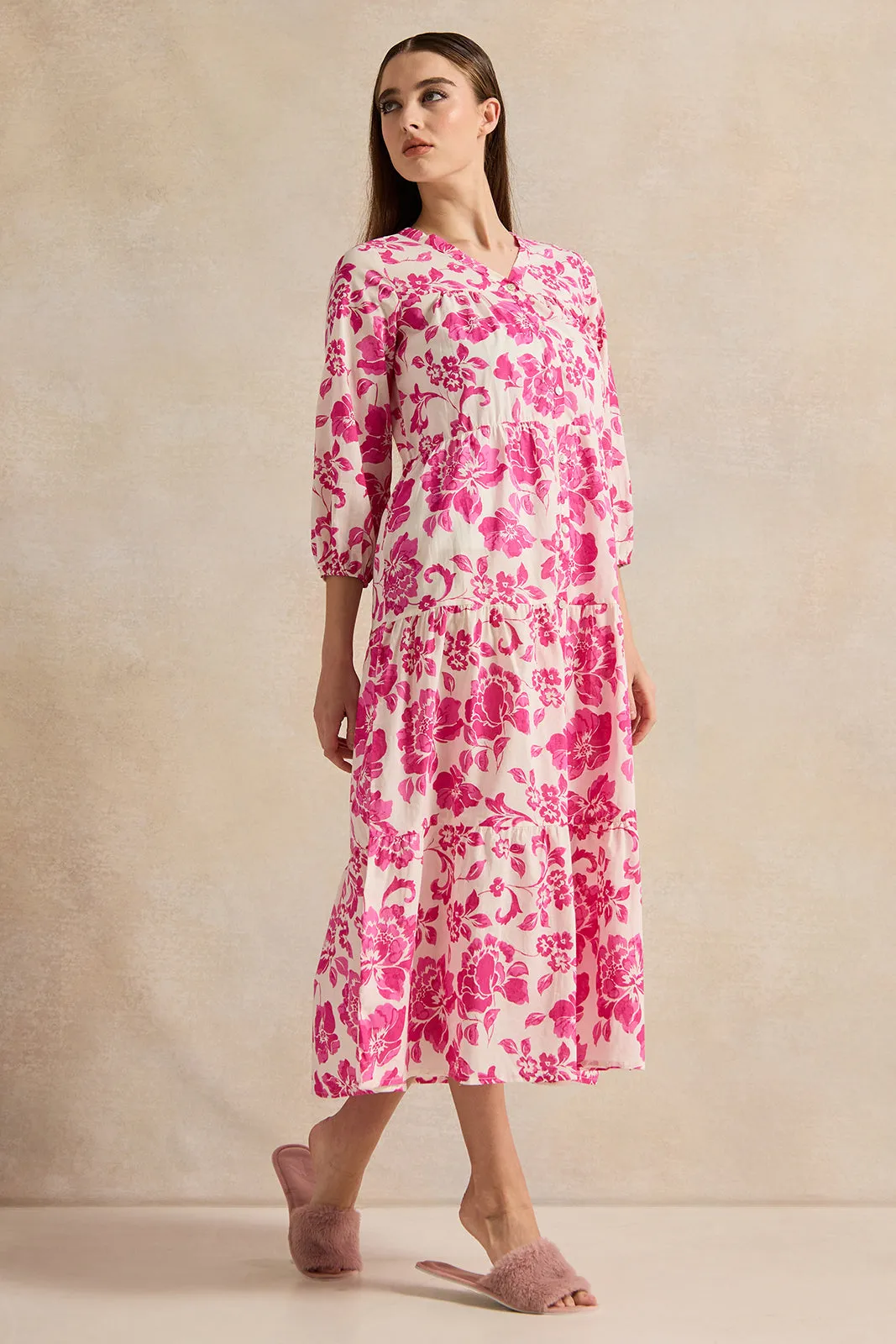Women Pink Printed Tiered Nightgown