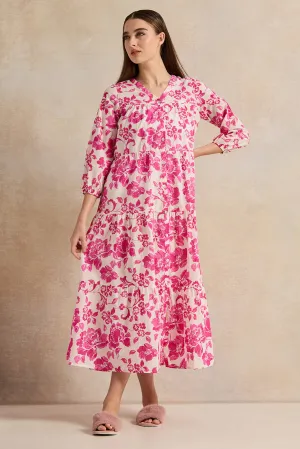 Women Pink Printed Tiered Nightgown