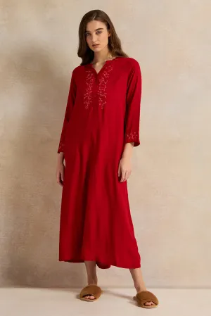 Women Red Placket Embroidery Nightgown