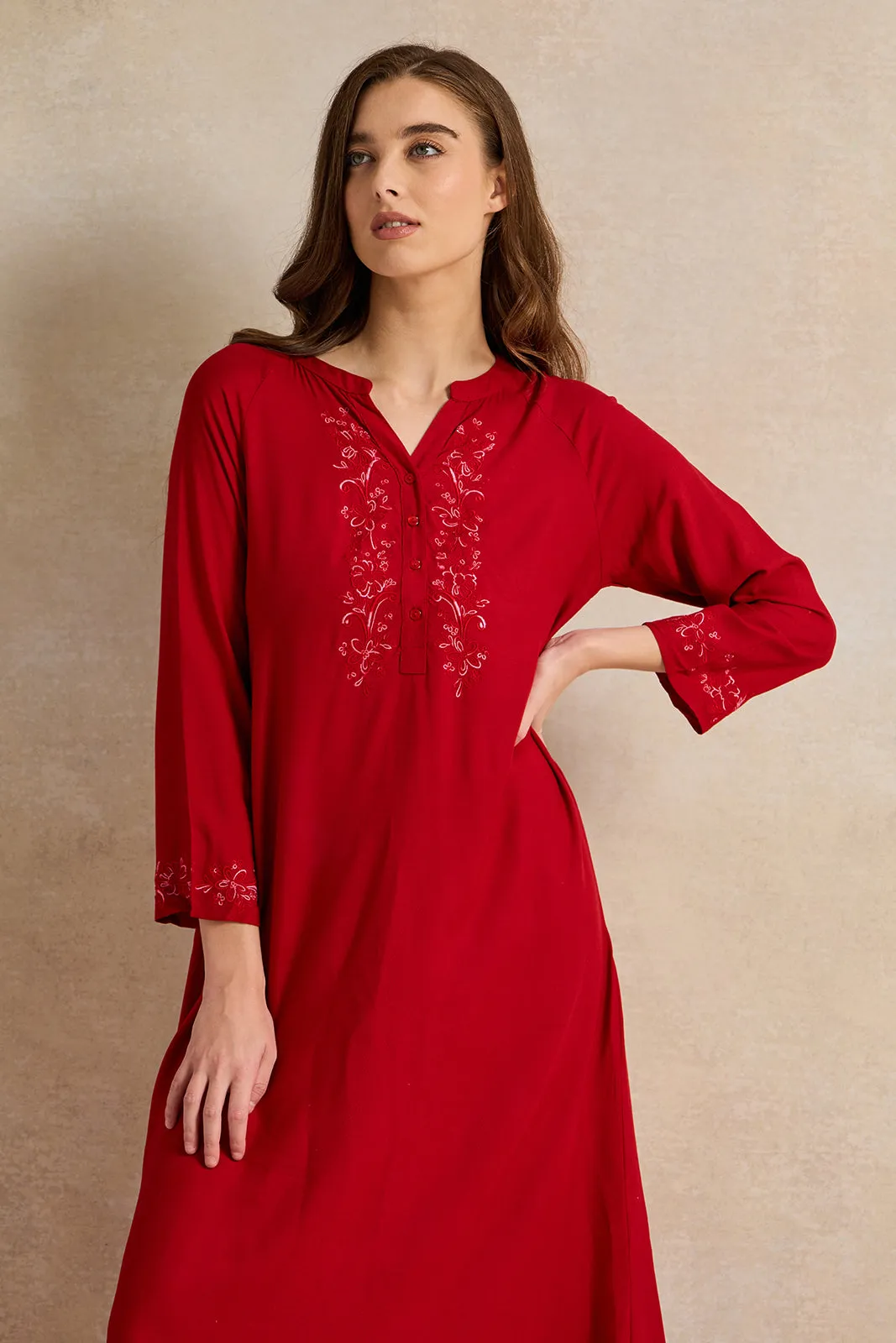 Women Red Placket Embroidery Nightgown