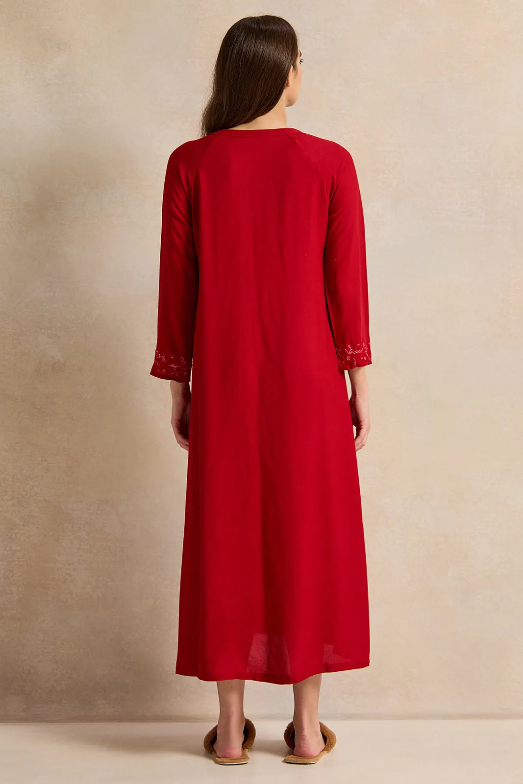 Women Red Placket Embroidery Nightgown