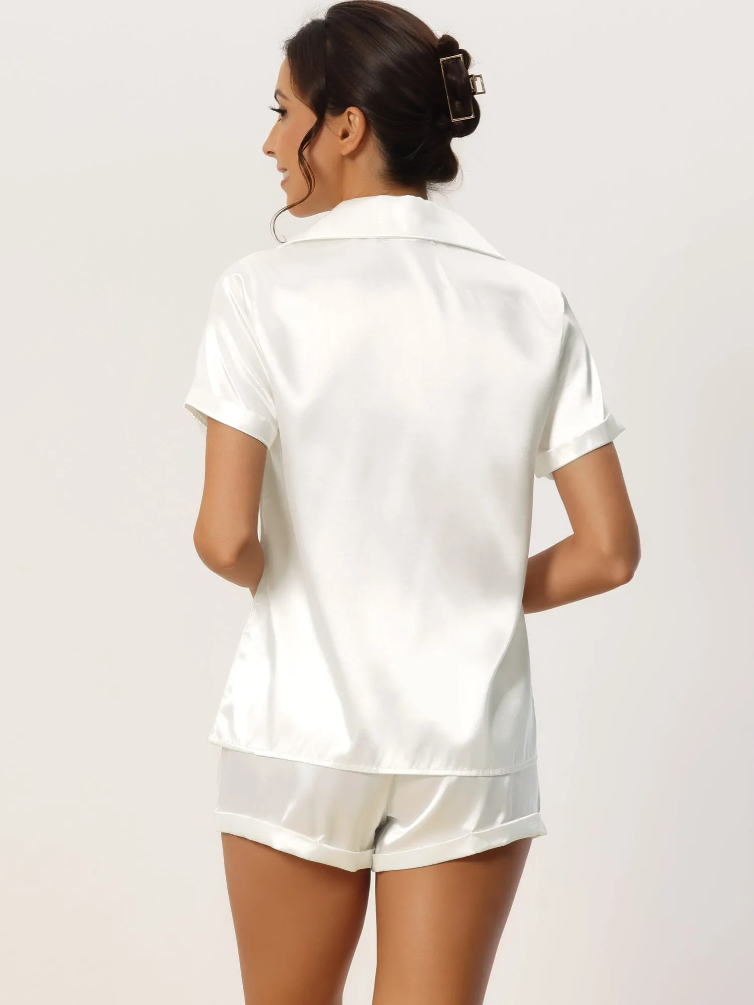 Women Satin Pajama Set Button Short Sleeve Shirt and Shorts Loungwear Sleepwear