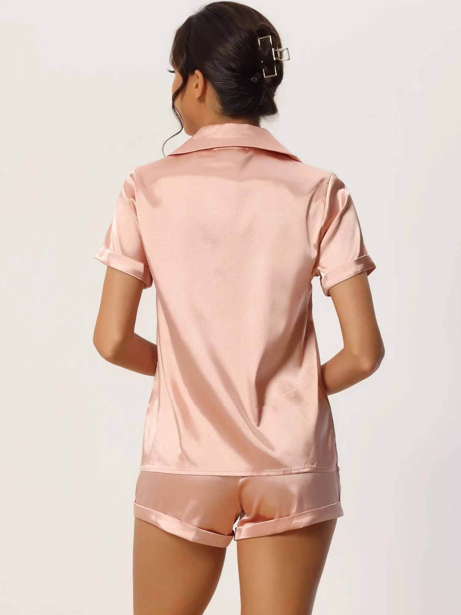 Women Satin Pajama Set Button Short Sleeve Shirt and Shorts Loungwear Sleepwear