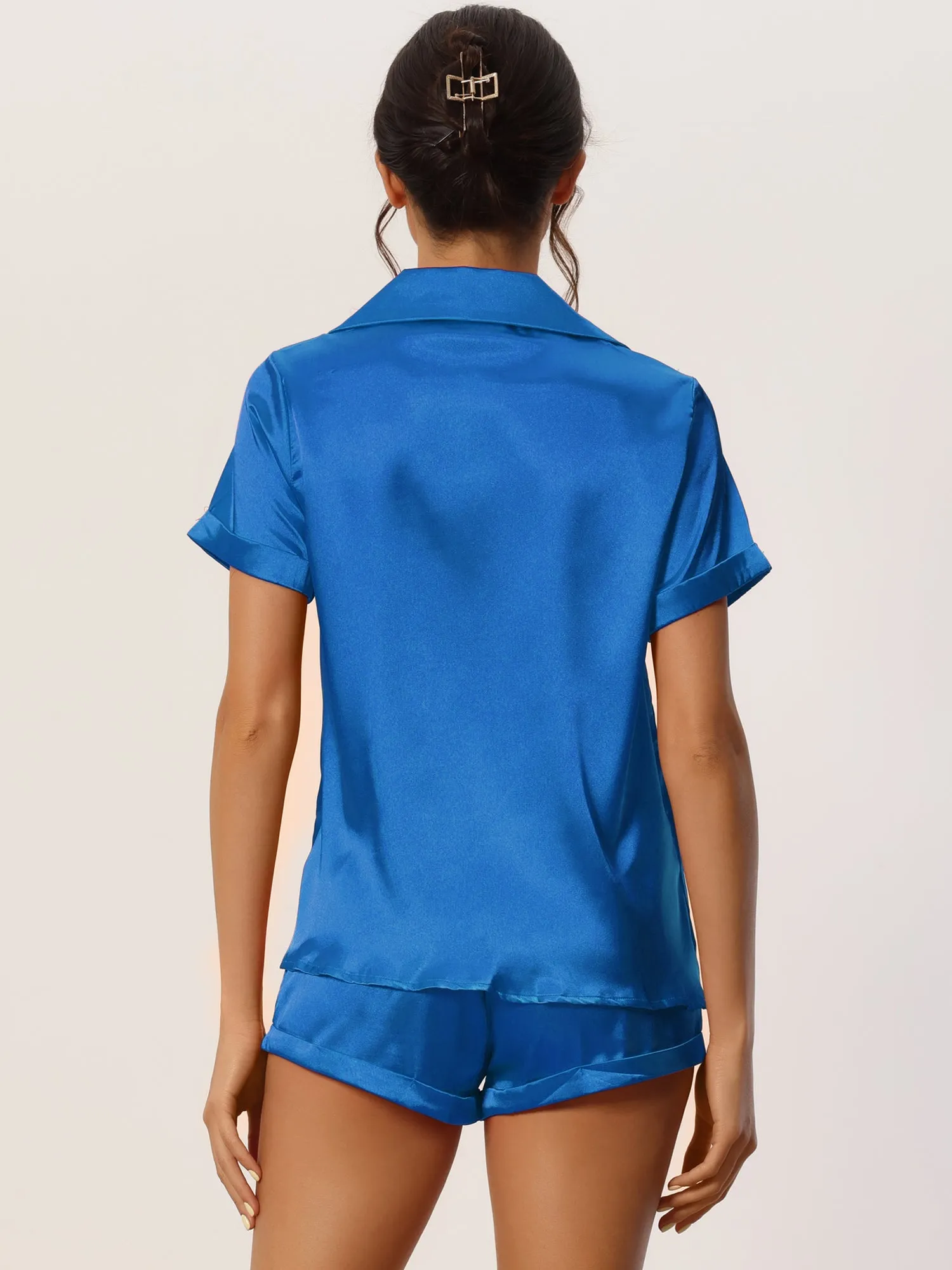 Women Satin Pajama Set Button Short Sleeve Shirt and Shorts Loungwear Sleepwear
