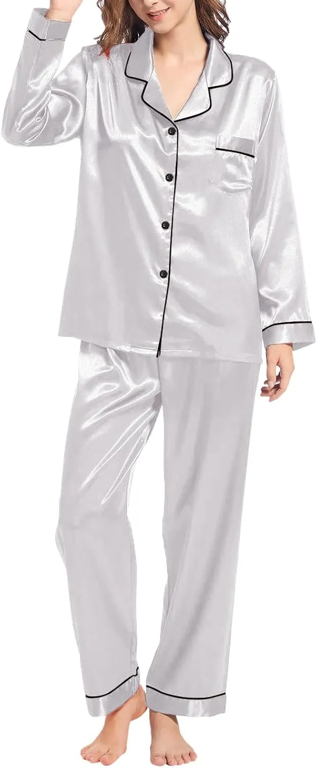Women Satin Pajamas Set Pajama Pants Loungewear With Pockets Button Down Long Sleeve Sleepwear Set Soft Sexy Outfits