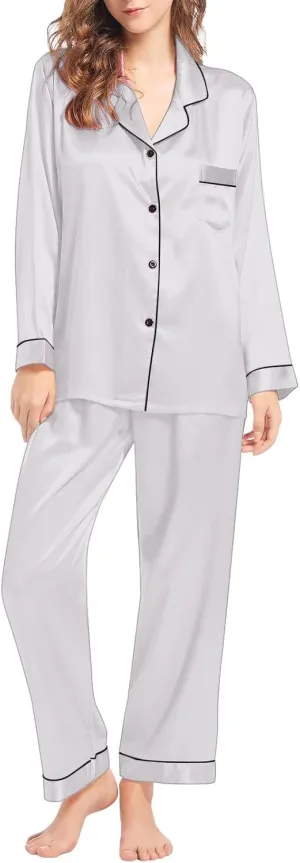 Women Satin Pajamas Set Pajama Pants Loungewear With Pockets Button Down Long Sleeve Sleepwear Set Soft Sexy Outfits