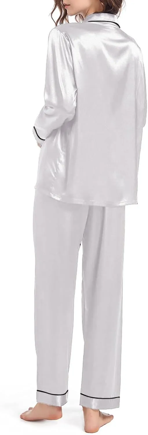 Women Satin Pajamas Set Pajama Pants Loungewear With Pockets Button Down Long Sleeve Sleepwear Set Soft Sexy Outfits