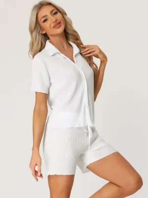 Women Short Sleeve Button Down Shirt and Shorts Casual Outfits Loungewear