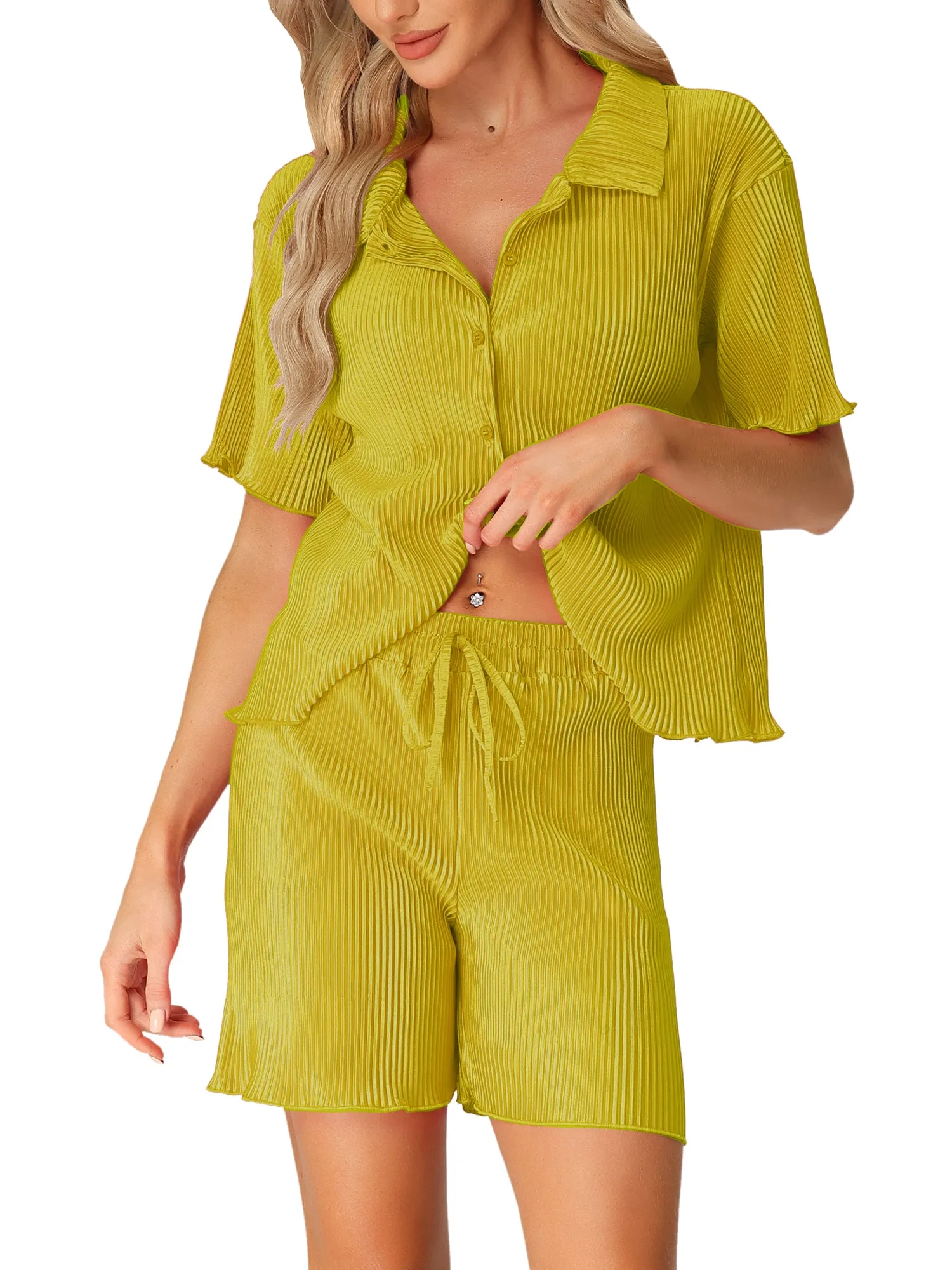 Women Short Sleeve Button Down Shirt and Shorts Casual Outfits Loungewear