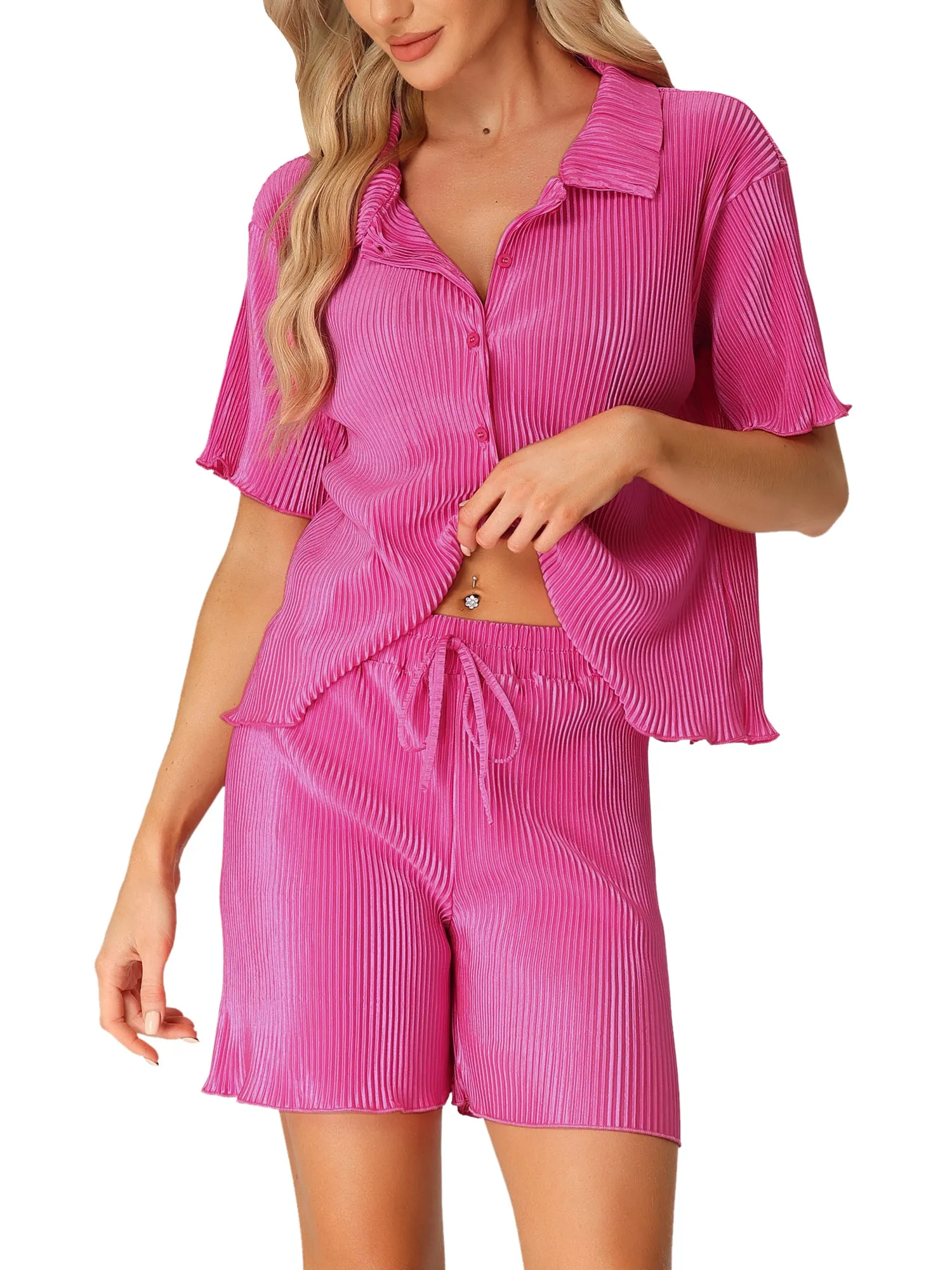 Women Short Sleeve Button Down Shirt and Shorts Casual Outfits Loungewear