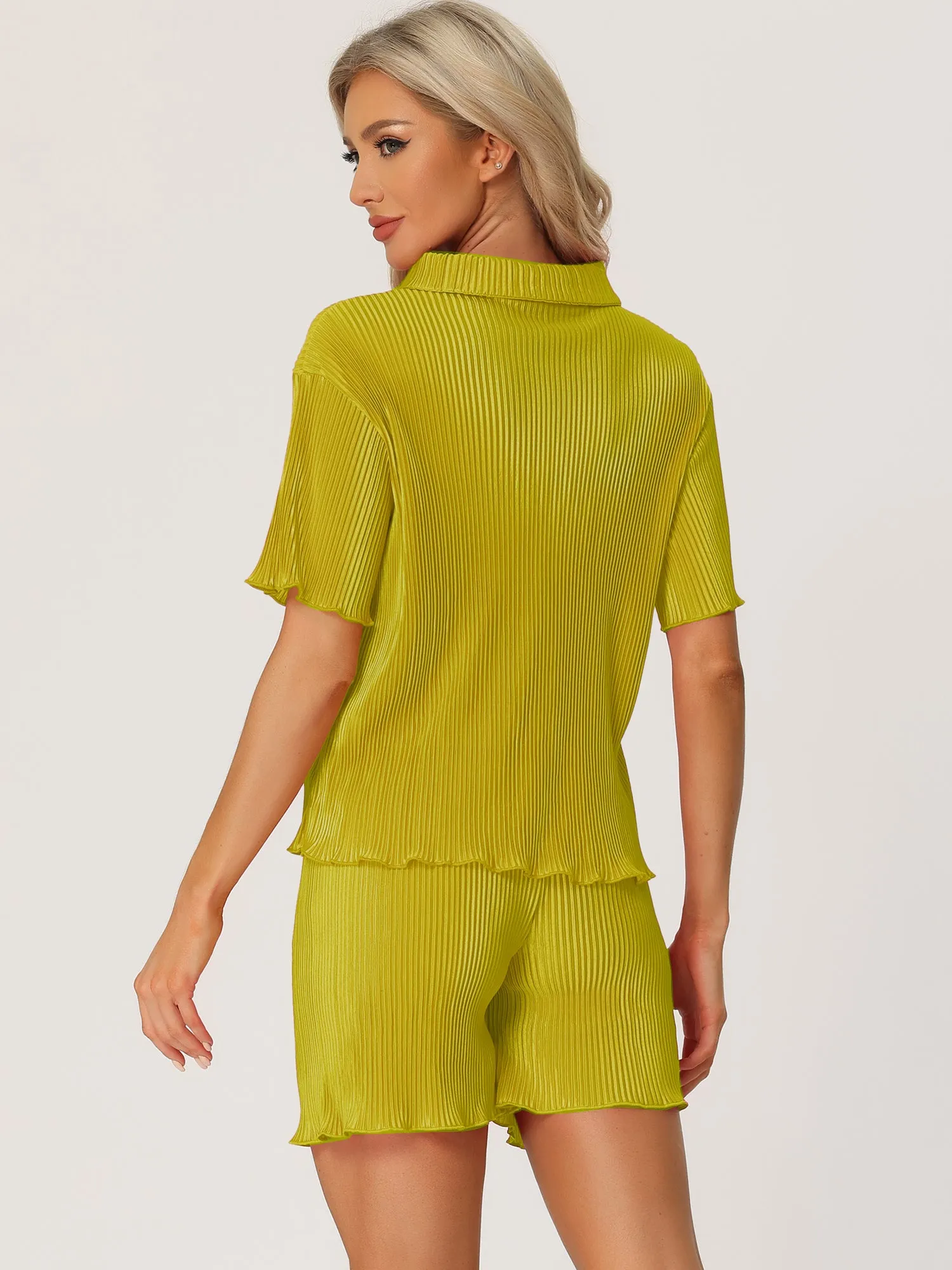 Women Short Sleeve Button Down Shirt and Shorts Casual Outfits Loungewear