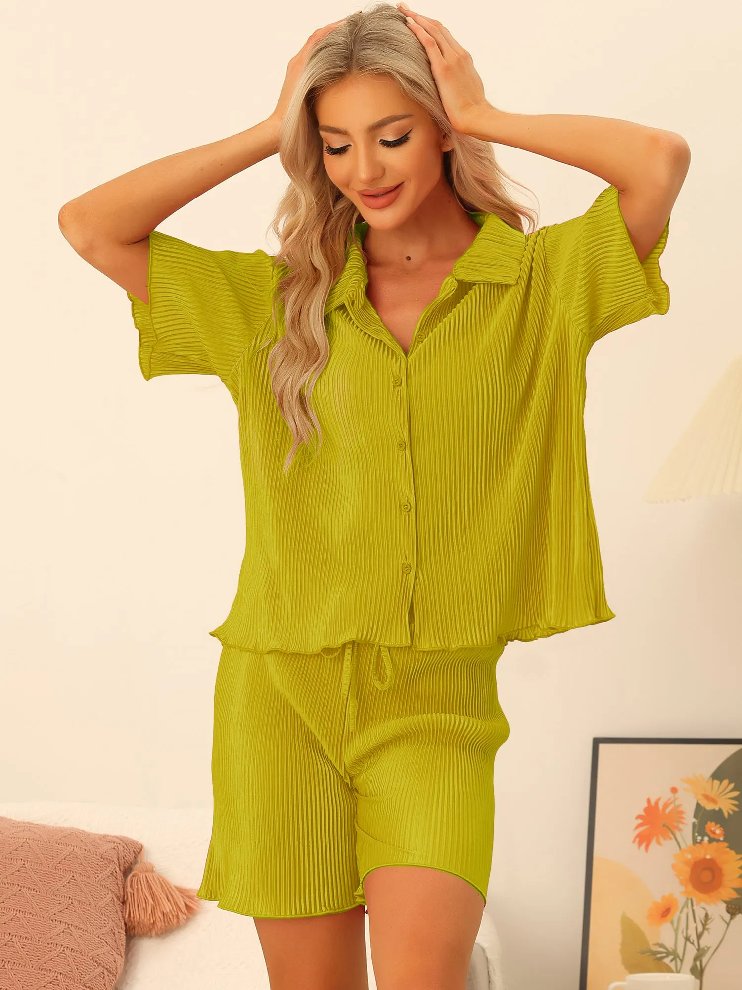 Women Short Sleeve Button Down Shirt and Shorts Casual Outfits Loungewear