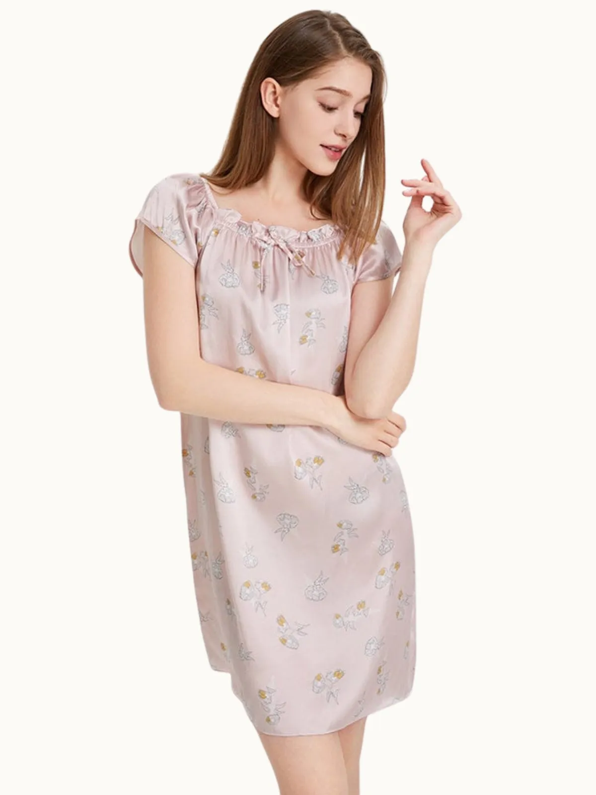 Women Short Sleeve Ruffle Silk Chemise