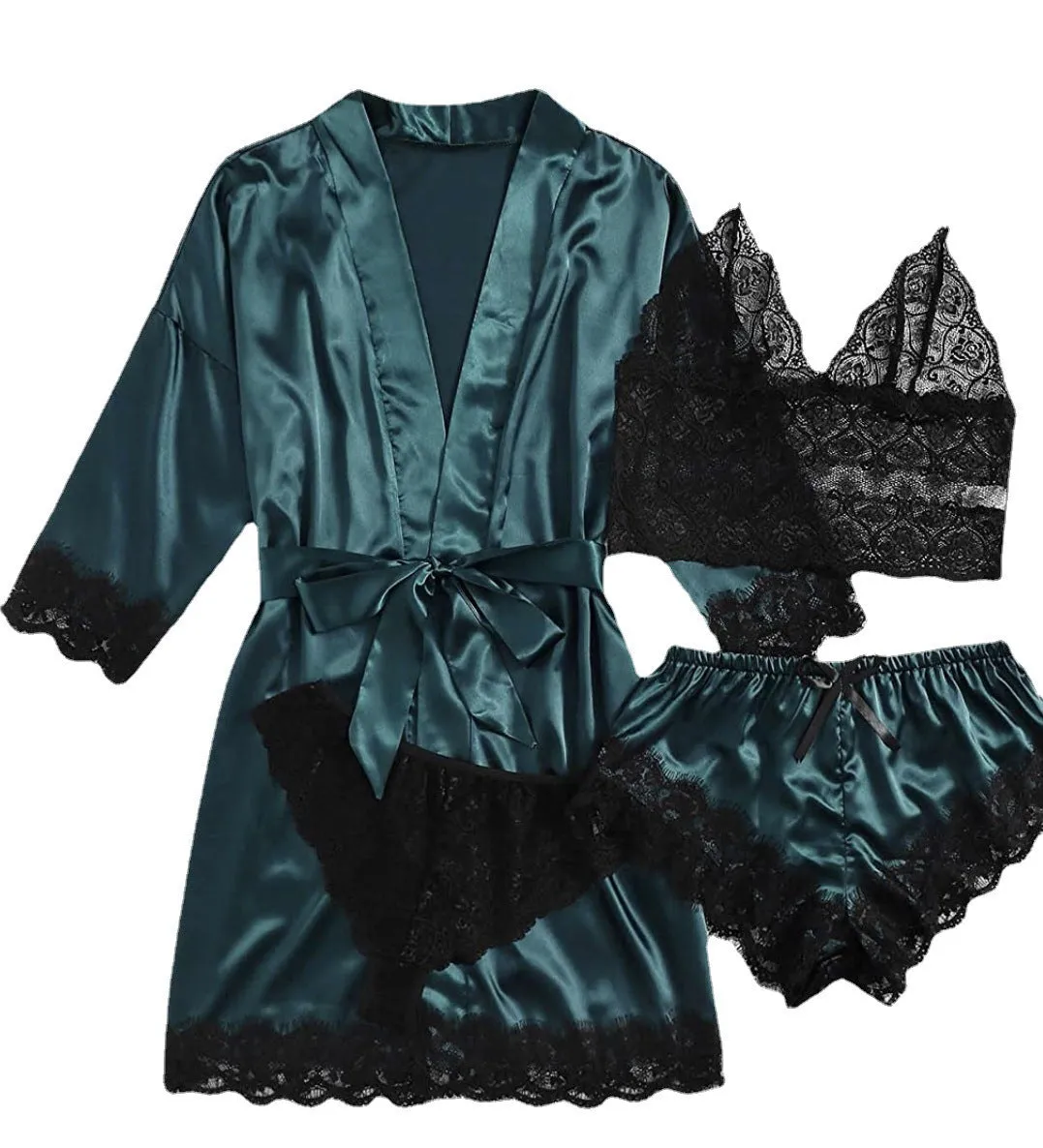 Women' Silk Satin Pajamas Set 4pcs Lingerie Floral Lace Cami Sleepwear with Robe