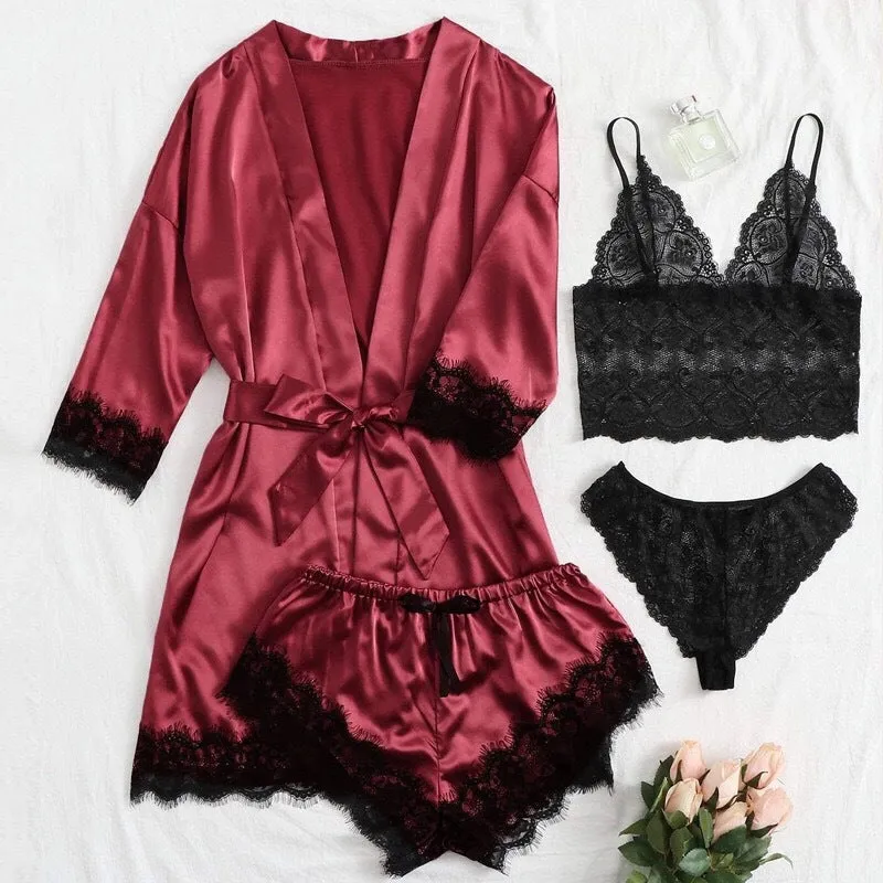 Women' Silk Satin Pajamas Set 4pcs Lingerie Floral Lace Cami Sleepwear with Robe