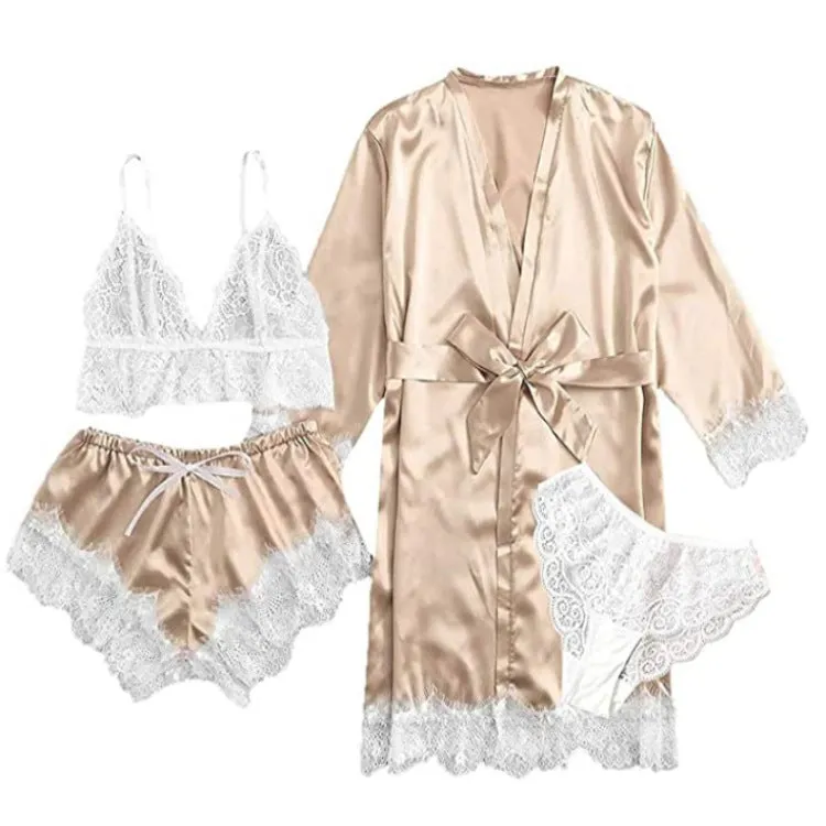 Women' Silk Satin Pajamas Set 4pcs Lingerie Floral Lace Cami Sleepwear with Robe