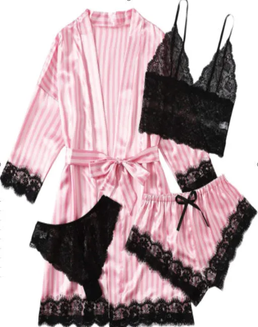 Women' Silk Satin Pajamas Set 4pcs Lingerie Floral Lace Cami Sleepwear with Robe