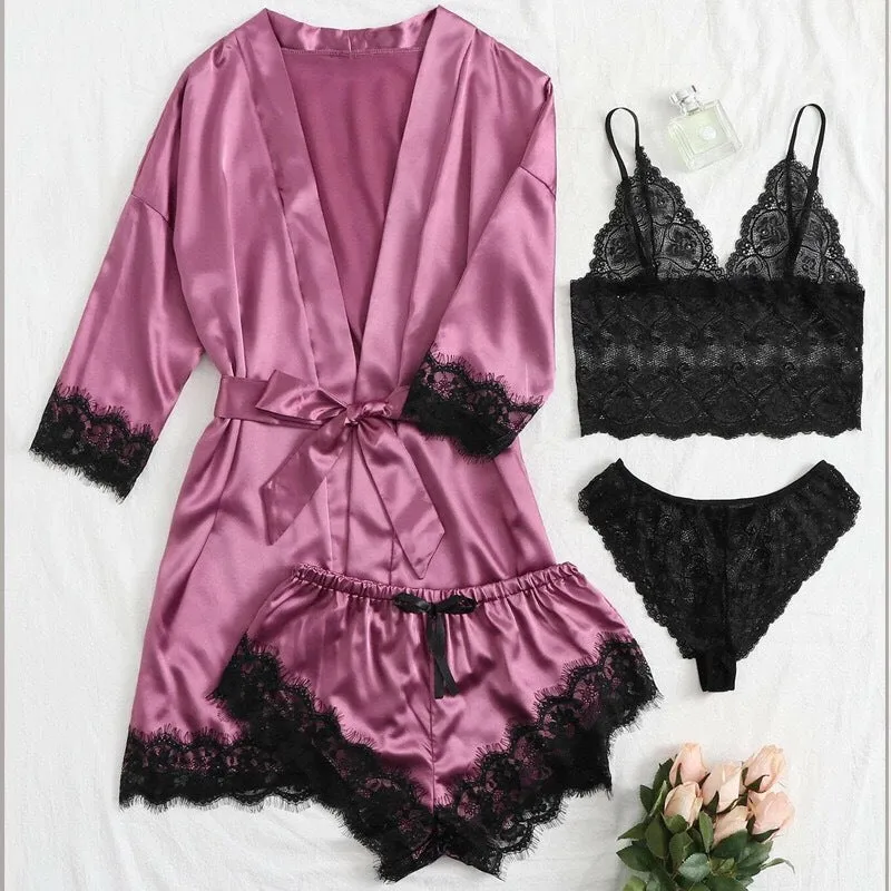 Women' Silk Satin Pajamas Set 4pcs Lingerie Floral Lace Cami Sleepwear with Robe