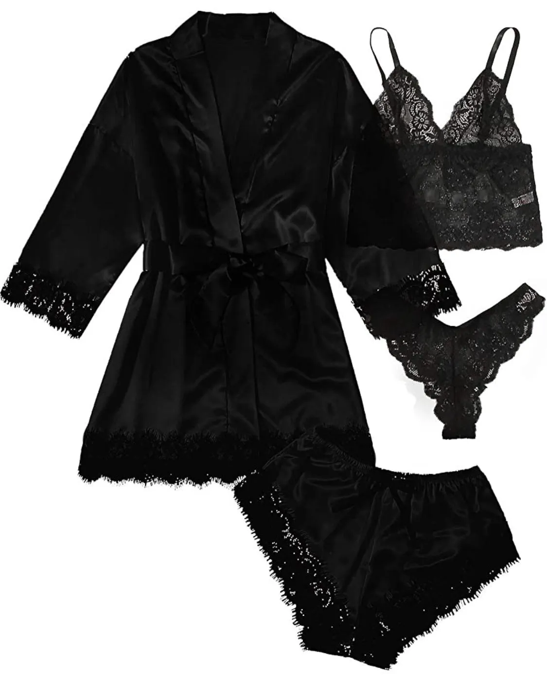Women' Silk Satin Pajamas Set 4pcs Lingerie Floral Lace Cami Sleepwear with Robe