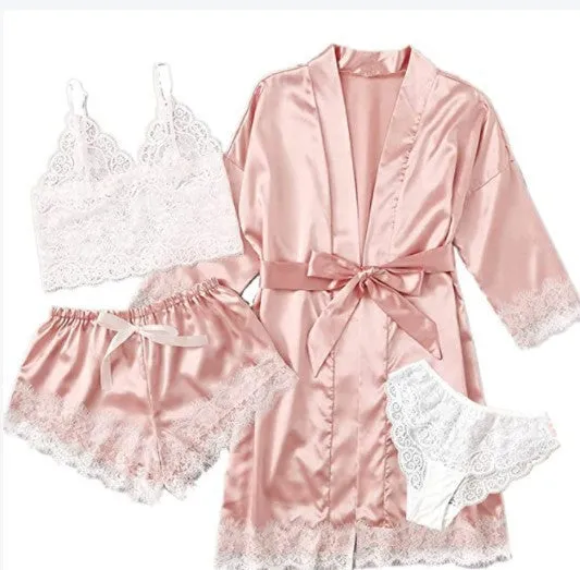 Women' Silk Satin Pajamas Set 4pcs Lingerie Floral Lace Cami Sleepwear with Robe