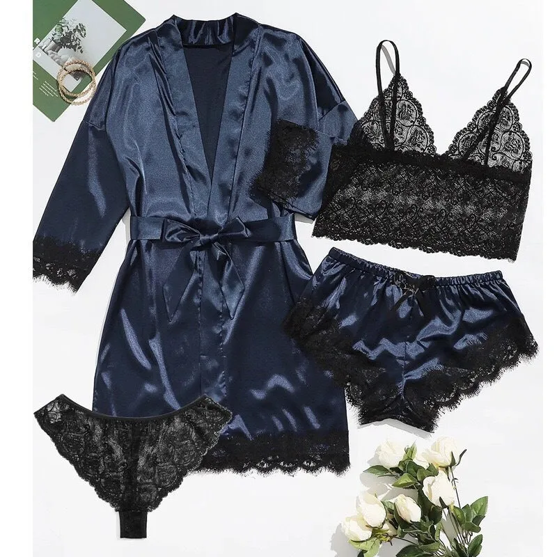 Women' Silk Satin Pajamas Set 4pcs Lingerie Floral Lace Cami Sleepwear with Robe