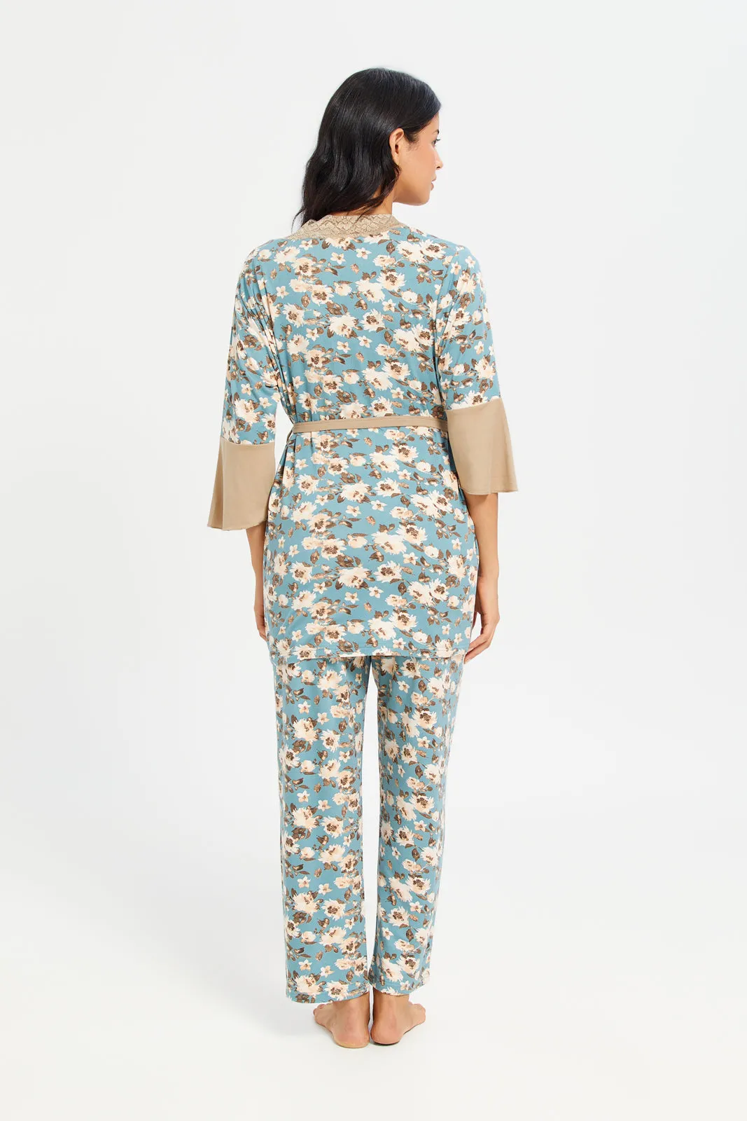 Women Teal And Beige Printed Pyjama Set With Robe (3 Piece)