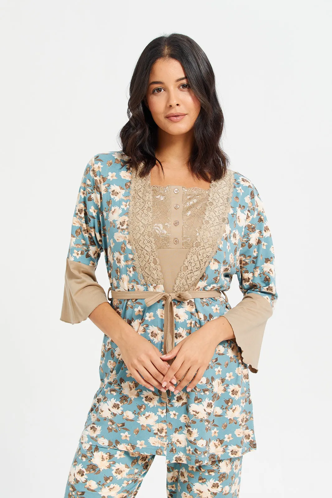 Women Teal And Beige Printed Pyjama Set With Robe (3 Piece)