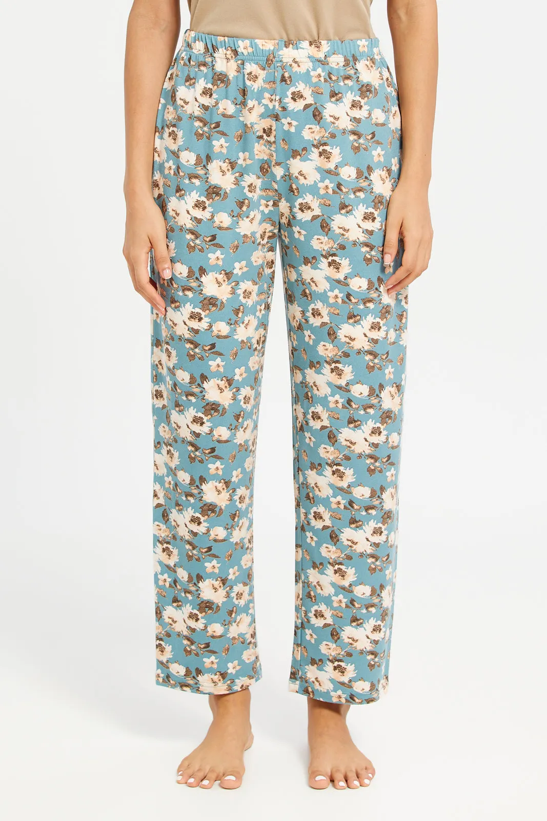 Women Teal And Beige Printed Pyjama Set With Robe (3 Piece)