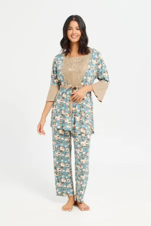 Women Teal And Beige Printed Pyjama Set With Robe (3 Piece)