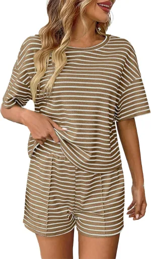 Women Two Piece Outfits Sets Summer Striped Color Block Short Sleeve Tshirts Shorts Loungewear Lounge Sets