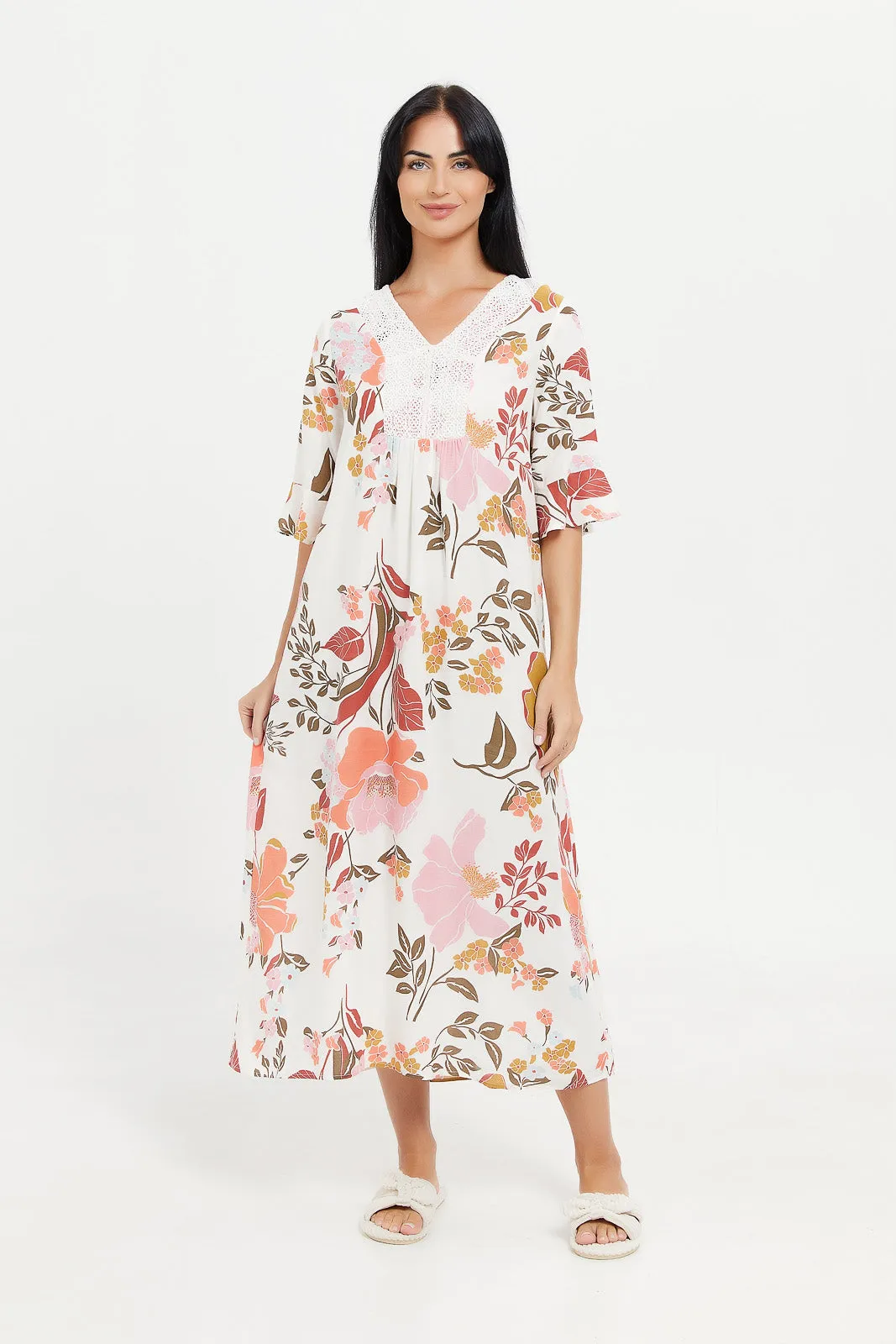 Women White Printed Short Sleeves Nightgown