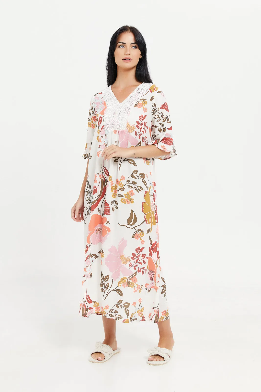 Women White Printed Short Sleeves Nightgown