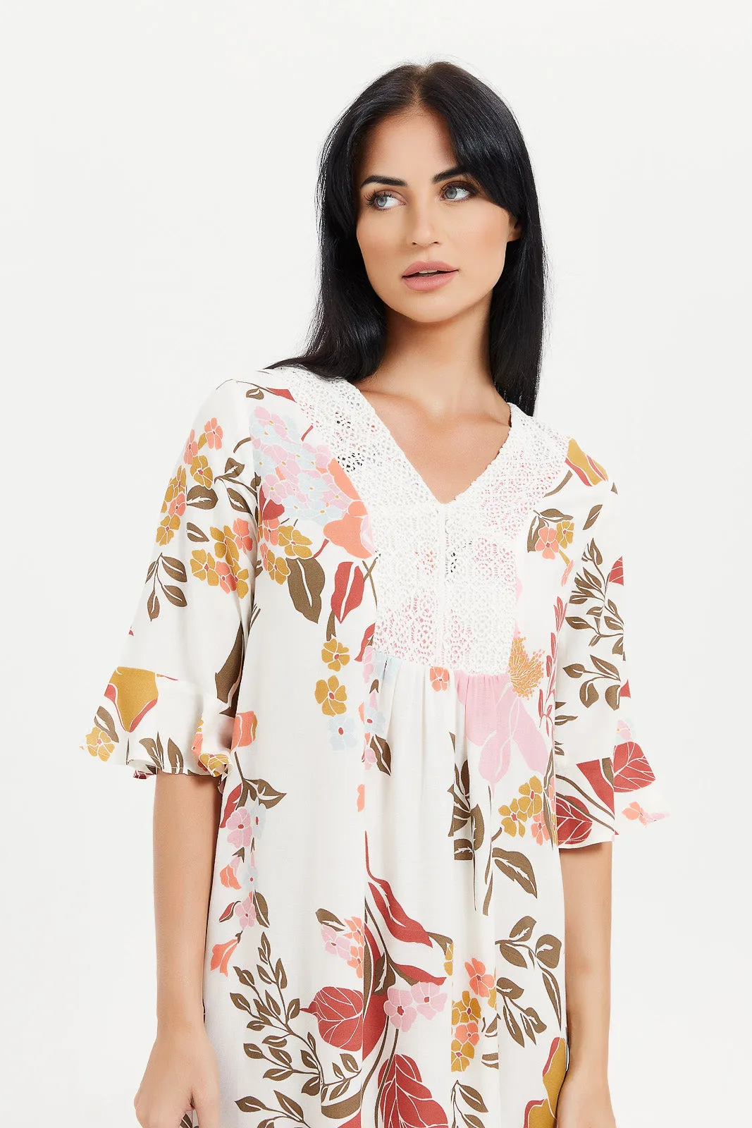 Women White Printed Short Sleeves Nightgown