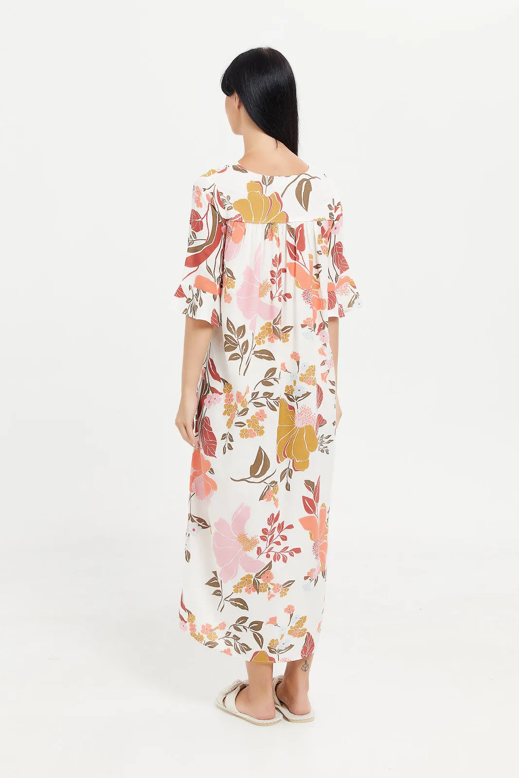 Women White Printed Short Sleeves Nightgown
