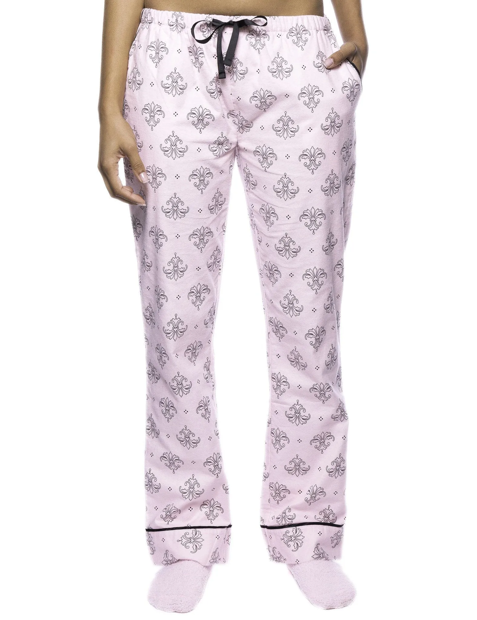 Women's 2 Pack Cotton Flannel Lounge Pants with Free Socks - 2-Pack with FREE Sock [Stripe/Fleur Pink]