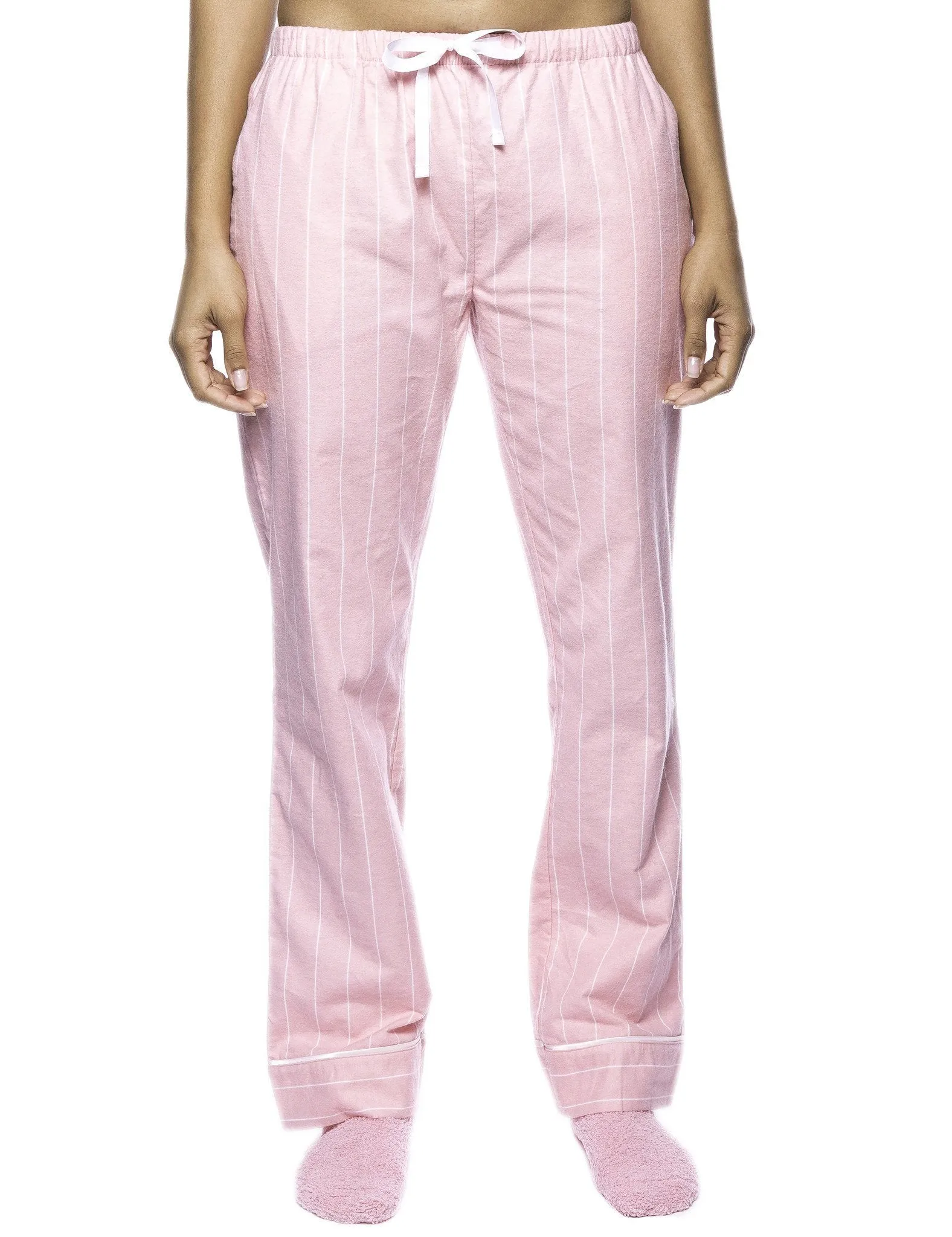 Women's 2 Pack Cotton Flannel Lounge Pants with Free Socks - 2-Pack with FREE Sock [Stripe/Fleur Pink]