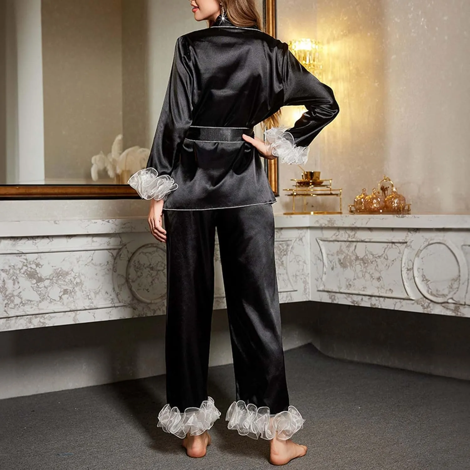 Women's 2 Piece Color Block Pajama Set Contrast Mesh Ruffled V Neck Long Sleeve Belted Shirt and Pants Lounge Sets