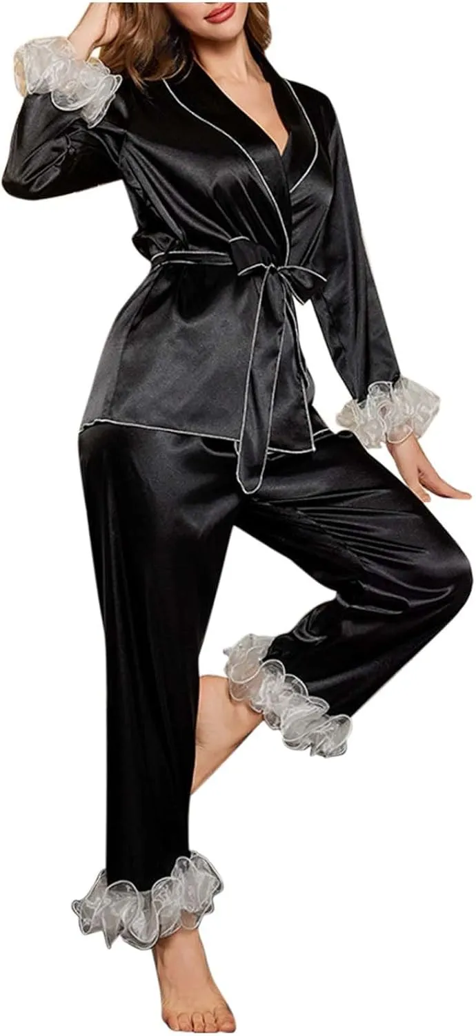 Women's 2 Piece Color Block Pajama Set Contrast Mesh Ruffled V Neck Long Sleeve Belted Shirt and Pants Lounge Sets