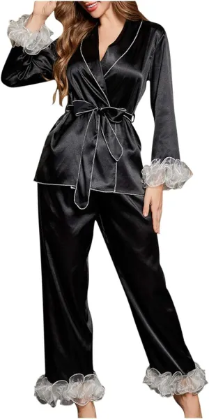 Women's 2 Piece Color Block Pajama Set Contrast Mesh Ruffled V Neck Long Sleeve Belted Shirt and Pants Lounge Sets