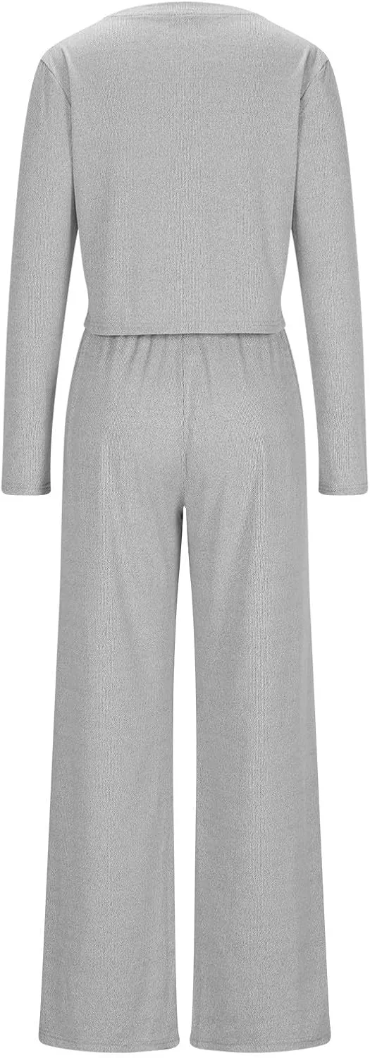 Women's 2 Piece Lounge Sets Long Sleeve Crop Tops Flare Long Pants Ribbed Knit Matching Set 2024 Fall Fashion Outfits